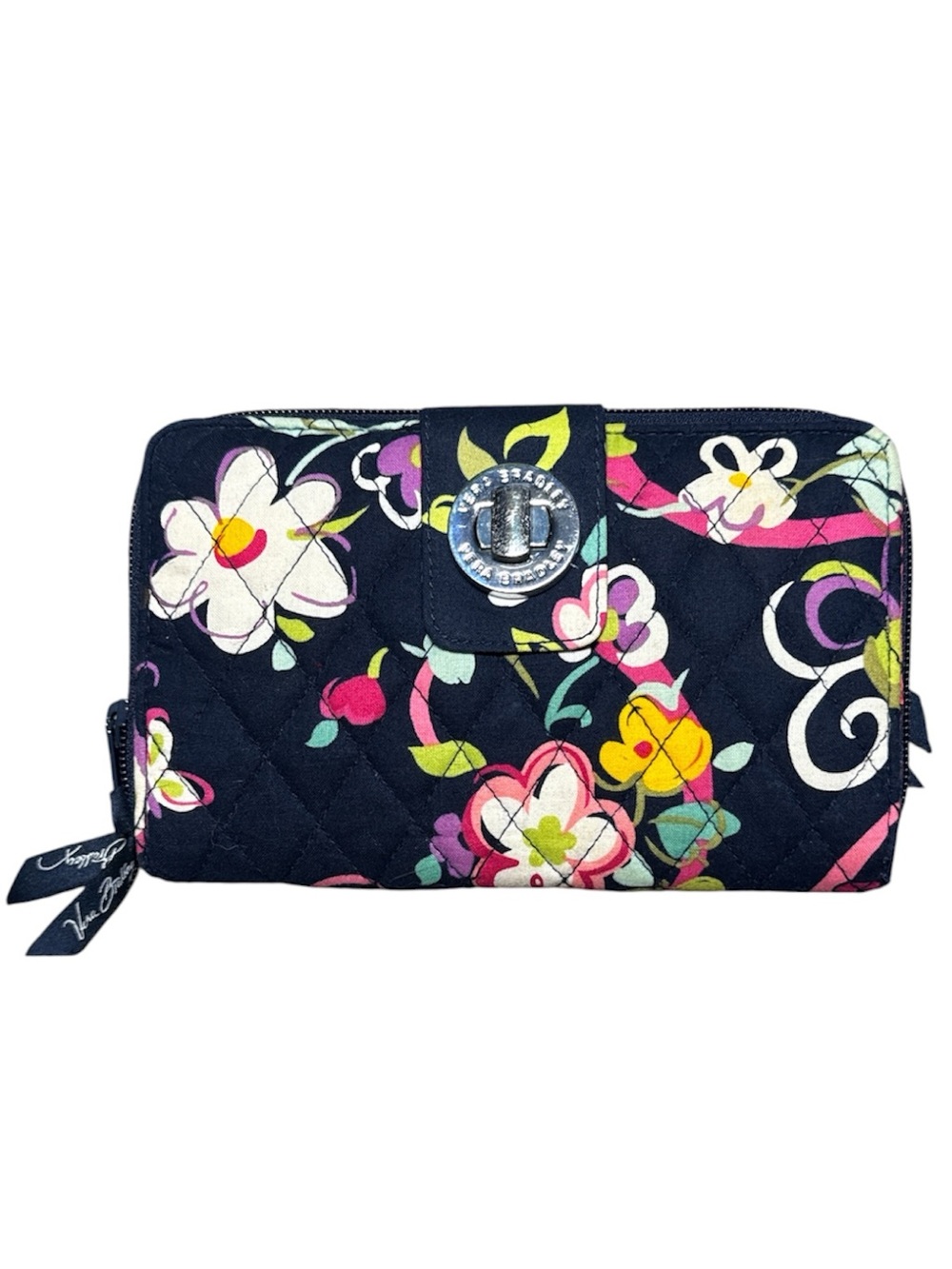 Vera Bradley Turnlock Quilted Wallet Ribbons Floral Navy